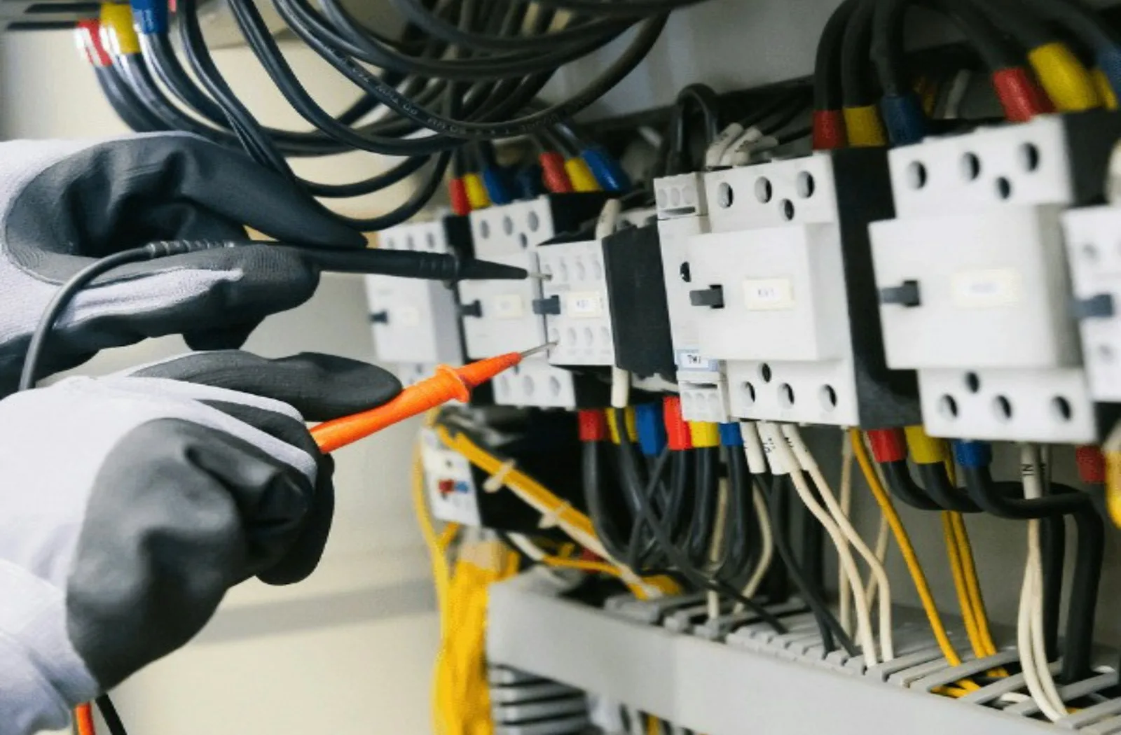 Technician testing a generator electrical panel with a multimeter